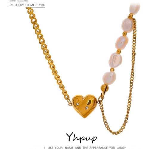 Yhpup Stainless Steel Heart Pendant Necklace Natural Pearl Chain Jewelry Romantic Choker Gold Necklace бижутерия для женщин