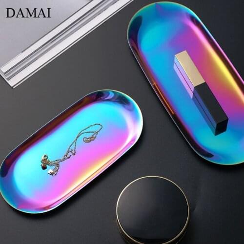 Nordic Golden Trays Decorative Stainless Steel Colorful Jewelry Display Storage Trays Cosmetic Container Home Decoration Modern