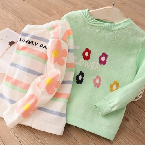2021 Autumn Spring 2 3 4-10 Years Kids ChildrenS Clothing O-Neck Candy Flower Floral Striped Baby Girl Knitted Pullover Sweater
