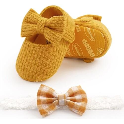 Baby Girls Cotton Bowknot Shoes First Walkers Retro Spring Autumn Toddlers Prewalkers Infant Soft Bottom Shoes Headband 0-18M