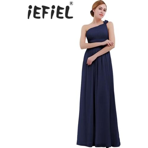 IEFiEL Women Lady Chiffon Bridesmaid Wedding Party Summer Dress Sleeveless One-shoulder Long Maxi Prom Formal Princess Dresses
