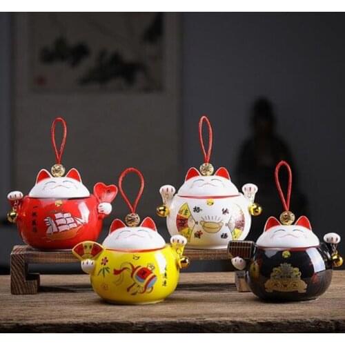 Ceramic Lucky Cat Tea Caddy Sealed Storage Tea Box Jar Teaware for Wedding Birthday Creative Gift Auspicious Home Decor