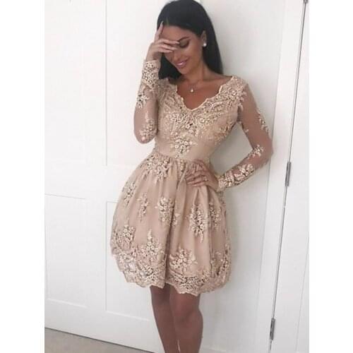 Fashion Homecoming Party Dress V-neck Long Sleeve A-line Short Graduation Dresses
