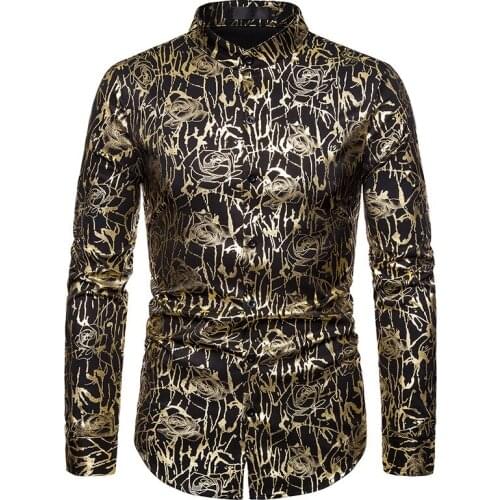 Rose Floral Print Henley Shirt Men Camisa Masculina 2019 Brand New Mandarin Collar Shirt Men Nightclub Wedding Tuxedo Shirts XXL