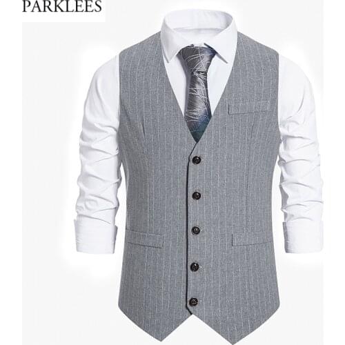 Parklees 2021 New Mens 5 Button Formal Tweed Pin Stripe Vest Sim Fit V Neck Sleeveless Suit Vest Men Business Wedding Dress Vest