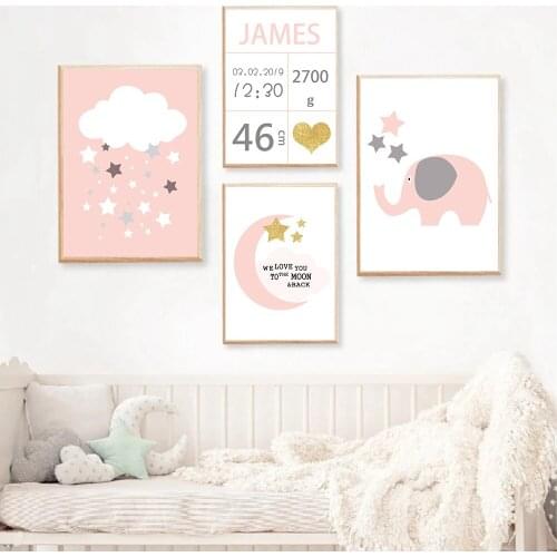 Cloud Moon Pink Elephant Canvas Poster Custom Birth Name Wall Art Painting Nursery Print Nordic Wall Pictures Girls Room Decor
