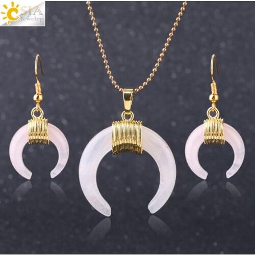 CSJA Natural Stone Moon Jewelry Sets Crescent Pendant Necklace Gold Color Dangler Earring Rose Crystal Gems Women Jewellery F646