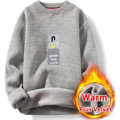 New Winter Men Embroidery Plus Velvet Pullover Sweater Mens long Sleeved O-Neck Knitwear Sweaters Thicken Warm Pullover Sweater