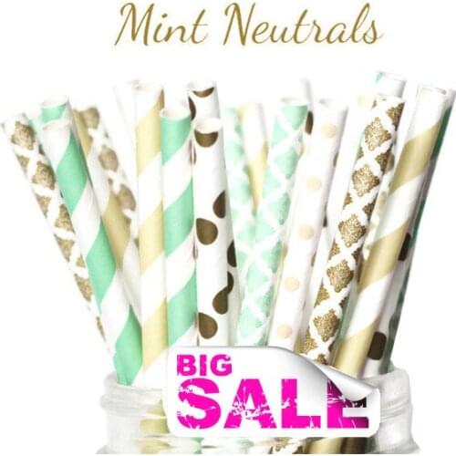 150pcs Mix Colors MINT NEUTRALS Party Paper Straws Bulk,Gold Damask,Polka Dot,Mint Stripe,Damask,Ivory Cream Striped,Dot,Vintage