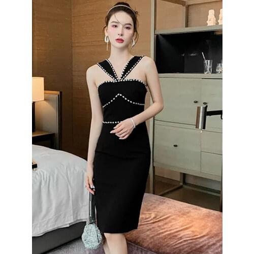 Fashion Korean Vintage Sexy Strapless Midi Party Club Dress Ladies OL Elegant Halter Rhinestone Sleeveless Bodycon Black Dress