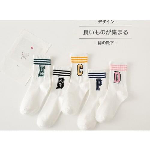 Letter White Socks 2021 Summer Autumn Winter Sport Socks Women College Style Korea Cotton Striped Sock 5pcs Japanese Fashion