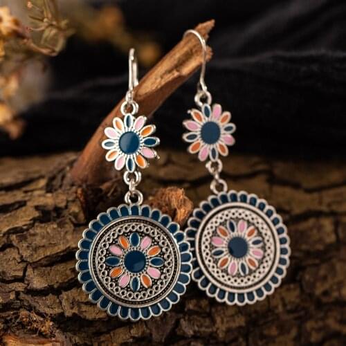 Vintage Ethnic Flower Oil Drop Dangle Hanging Earrings for Women Female 2020 Fashion Lovely Ear Ornaments Jewelry Accessories