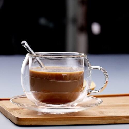 High Temperature Glass Double Coffee Cup with Transparent Stirring Spoon and Tray Coffee Cup Set