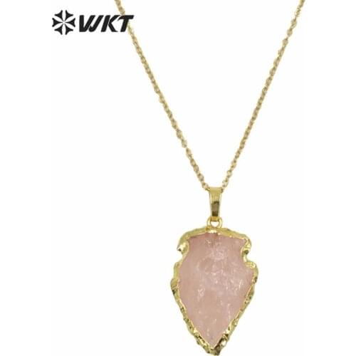 WKT Lovely necklace raw pink rose stone arrowhead necklace with 24k golde strim pink pendant fashion gift