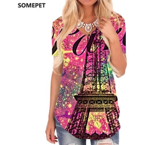 SOMEPET Colorful T-shirt women Paris V-neck Tshirt Art Shirt Print Womens Clothing Summer Casual Tops Streetwear High Quality