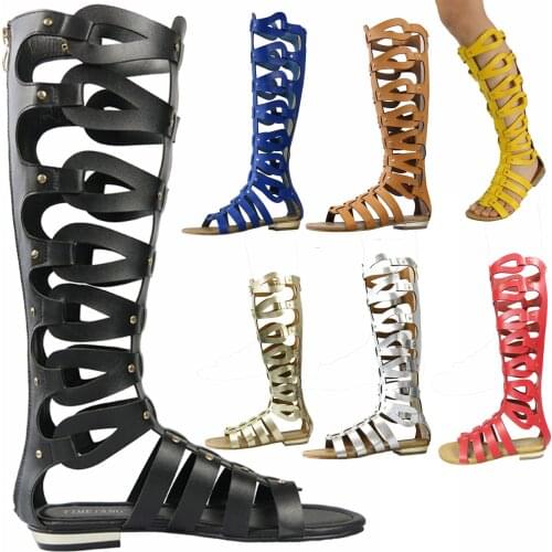 Women Gladiator Knee High Boots Lady Summer Open The Toe High Boots Cut Out Peep Toe Long Sandals Boots Plus Size 40 41 42