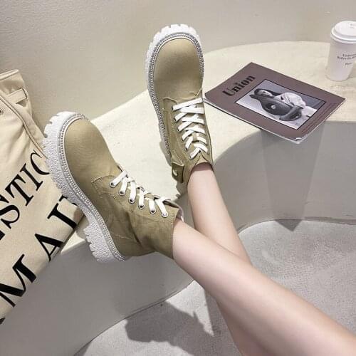 2021 New Buckle Lace Up Ankle Boots for Women Chunky Heels Black Beige Goth Womens Shoes Suede Casual Sneakers Hot Selling