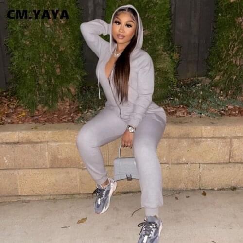 CM.YAYA Women Hooded Long Sleeve Zipper Fly Solid Jumpsuit Elegant INS Autumn Winter One Piece Overall Active Sport Romper