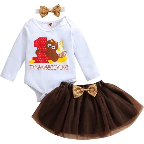 0-24M Thanksgiving Newborn Baby Girl Long Sleeve Cotton Bodysuit Tops Tutu Skirt Headband 3PCS Baby Clothing Set