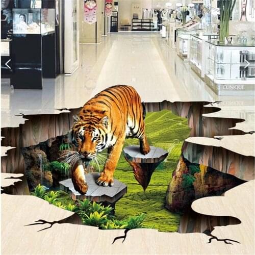 Beibehang Custom photo 3d flooring mural self - adhesion wall sticker 3 d Tiger outdoors to draw painting 3d wall room wallpaper
