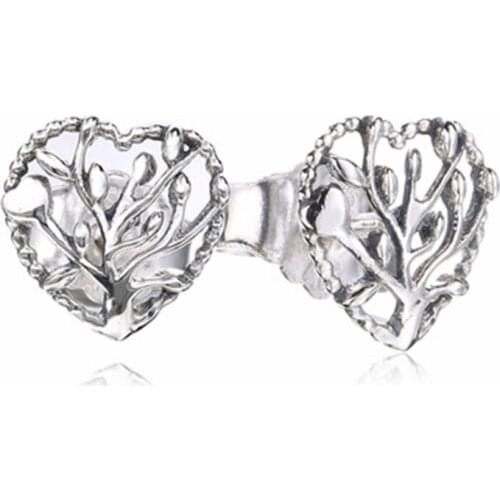 Authentic 925 Sterling Silver Heart Tree of Love Stud Earrings, Clear CZ Compatible with European Jewelry