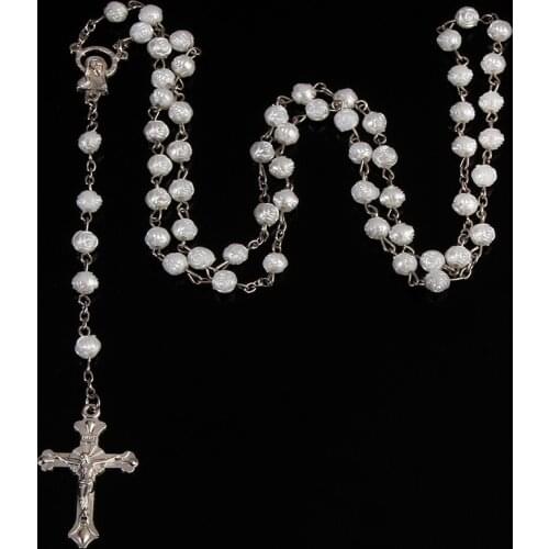 White Catholic Rosary Necklace with White Religious White Imitation Pearl Bead Long Chain Necklace Jesus Jewelry Gift