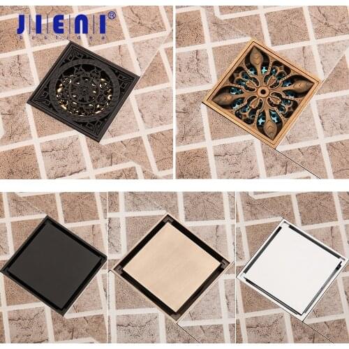 JIENI Matte Black Chrome Brass Antique Brass Bathroom Floor Drain 10x10 cm Shower Square Invisible Cover Drain Waste Floor Drain