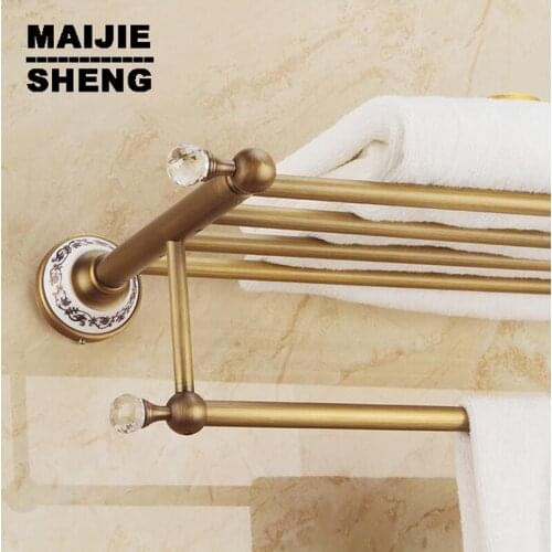 Active towel rack bathroom towel holder Antique Double shelf Whole brass crystal towel rack Antique brass bath towel rack