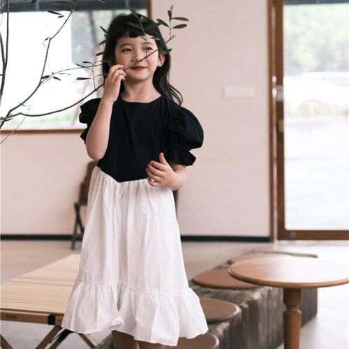 Childrens Western-style Black and White Contrast Dress 2021 Summer Big Childrens Puff Sleeve Princess Dress