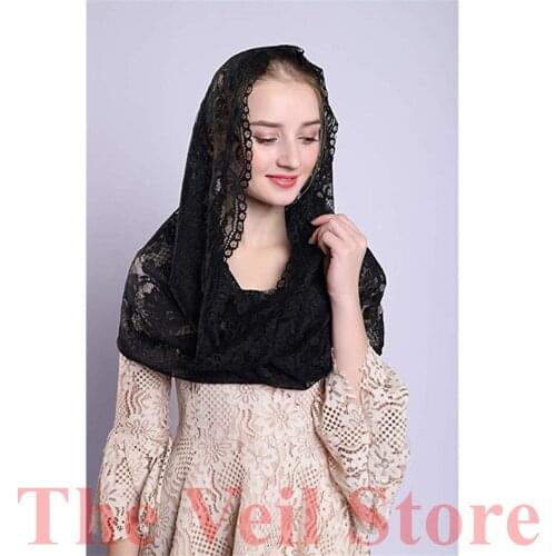 ISHSY Black Lace Women Catholic Veil Mantilla for Church Head Covering Latin Mass Mantilla de Novia Negra Chapel infinity veil