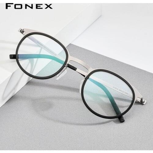 FONEX Acetate Alloy Glasses Men Women Vintage Round Myopia Optical Frames Prescription Eyeglasses Screwless Korean Eyewear F1012
