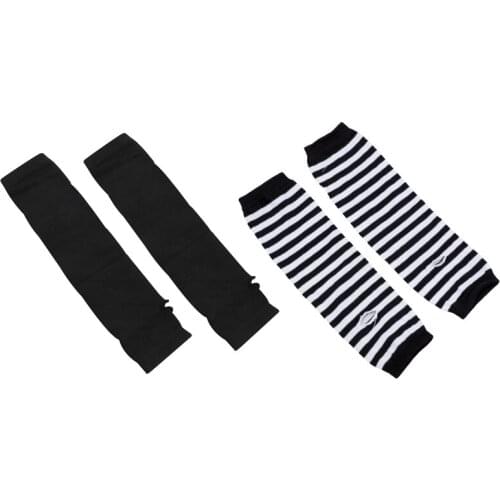 Hot kf-2 Set Fashion Women Lady Girls' Stretchy Soft Arm Warmer Long Sleeve Fingerless Gloves - Black White Stripe & Black