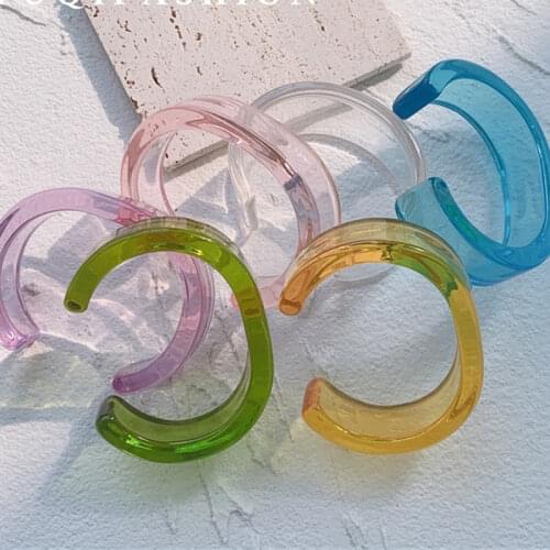 HUANZHI 2021 Colorful Acrylic Resin Transparent Geometric Round Open Bangle Bracelet Simple for Women Girls Party Travel Jewelry