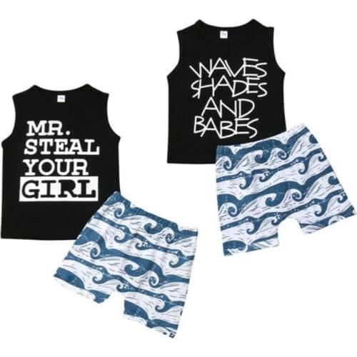 Pudcoco Fast Shipping New Casual Newborn Kids Baby Boys Summer Clothes Print Letter Vest Tops Waves Shorts Pants 2PCS Outfits