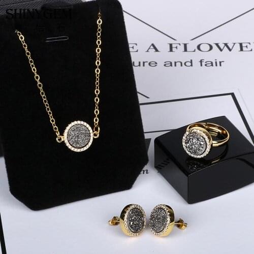 Fashion 10mm Wedding Gold Plating Jewelry Set Pave Cubic Zirconia for Women Natural Stone Druzy Agates Necklace Earrings Ring