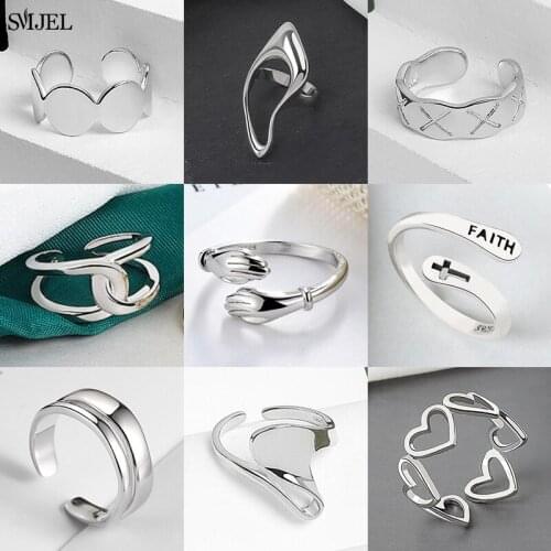 Minimalist Geometric Couple Rings for Women Fashion Silver Color Wedding Jewelry Hollow Stackable Heart Ring Open bague femme