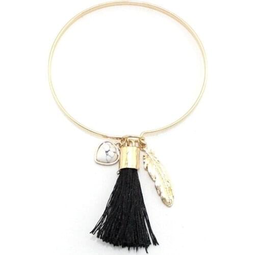 Fashion Crafted Black Tassel Metal Leaf Charm Cuff Bangles for Women Handmade Jewelry