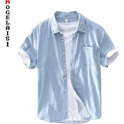 Men casual Denim shirt 2019 New short sleeve 100% cotton solid High quality shirts for man tops camisa masculina 3XL 782