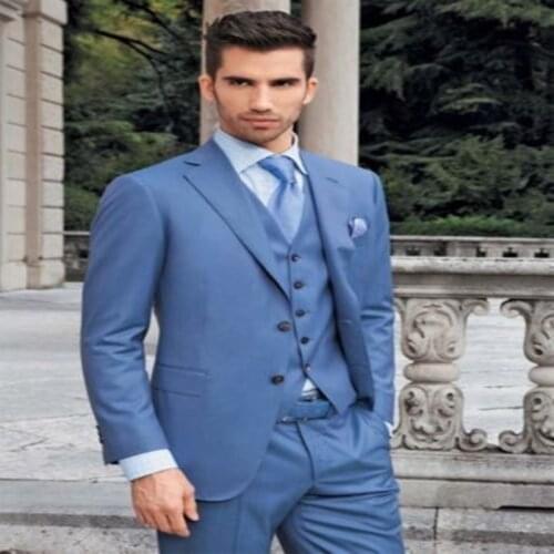 New Arrival Customize Made Men Suit Latest Coat Pant Designs Bussiness Suit Brand Terno Wedding Suit Blue(Jacket+Pants+Vest+Tie)