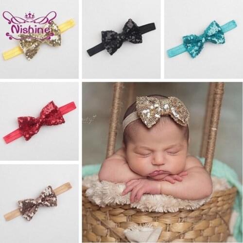 Nishine 8pcs/lot 9 CM Newborn Infant Glitter Sequins Bowknot Headband Shining Bows Hairband Toddler Hair Accessories 16 Colors