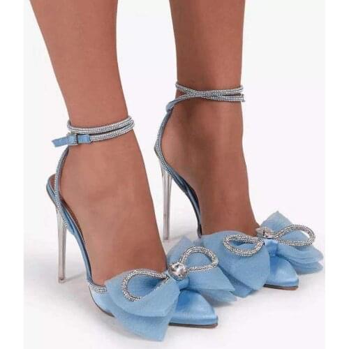 Luxury Glitter Rhinestones Women Pumps Crystal Bowknot Satin Summer Lady Shoes Clear Stiletto High Heels Wedding Party Prom Sho