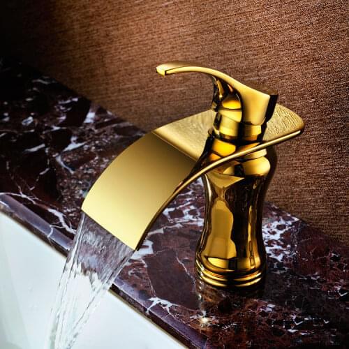 Luxury solid brass gold finished bathroom sink waterfall faucet golden basin Hot and cold water mixer tap faucet-5524