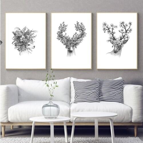 Modern Animal Flower Deer Head Black and White Print Poster Wall Art Picture Nordic Hippie Home Decoration Canvas Art Painting
