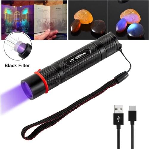 Topcom 365nm LED UV Flashlight Powerful 5w UV Torch Ultraviole Light USB Rechargeable Black Filter Light For Anti-fake Detection