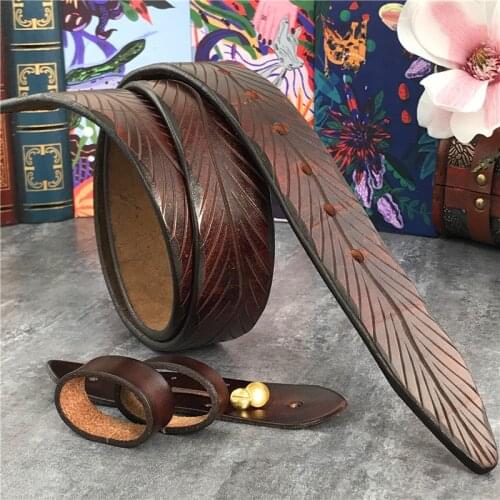Hand Carving Luxury Thick Leather Belts Without Buckles Cinturon Mujer Mens Leather Belts Without Buckles Retro Men Belt SP09