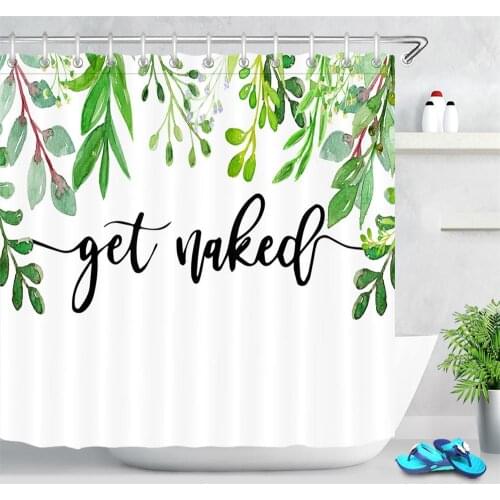 Green Leaf Shower Curtain with Hooks Home Decorations Get Naked Funny Bathroom Curtains Waterproof Polyester Fabric Bath Screen
