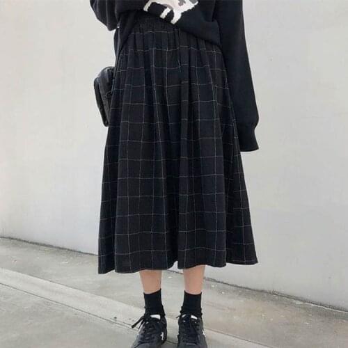 Plaid Midi Skirt Women Japanese Style High Elastic Waist College Style Long Skirts Autumn Winter A-line Pocket Pleated Skirts