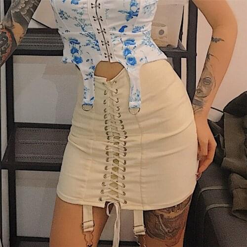 Vintage Lace Up Bandag Black Skirt Women Gothic Punk Metal Patchwork High Waist Skirt Lady Eyelet Streetwear Bodycon Mini Skirts