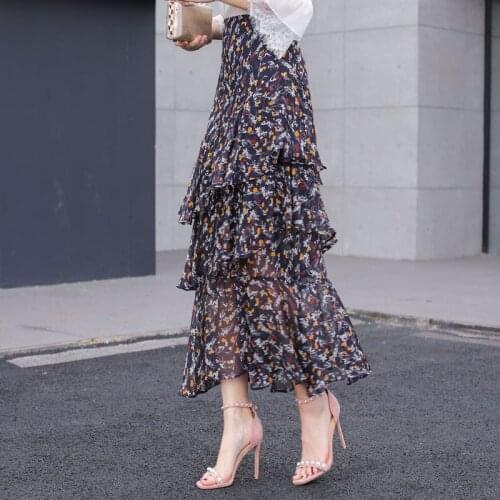 Womens Skirt Newest Fashion Chiffon Skirts Long Sweet Print Floral Ruffles Asymmetrical Office Lady Clothing LWL366