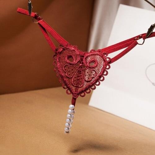 Women Sexy Hollow Out See Through G Strings Heart Embroidery Panties With Massage Pearls For Sex Products Low Waist Briefs